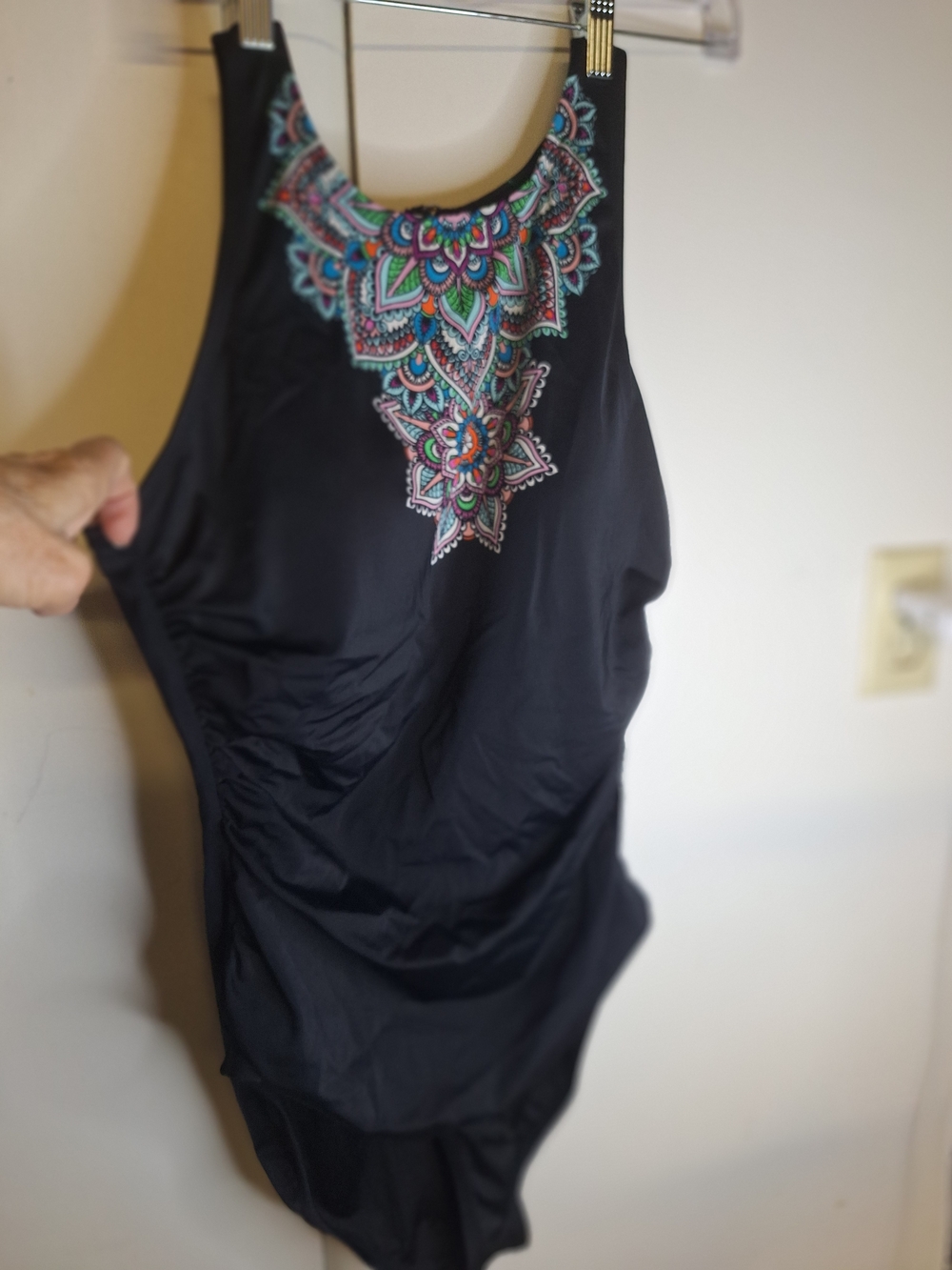 Sweet Escape Black One Piece with Colorful Neckline One Piece Swim Suit. Size 16